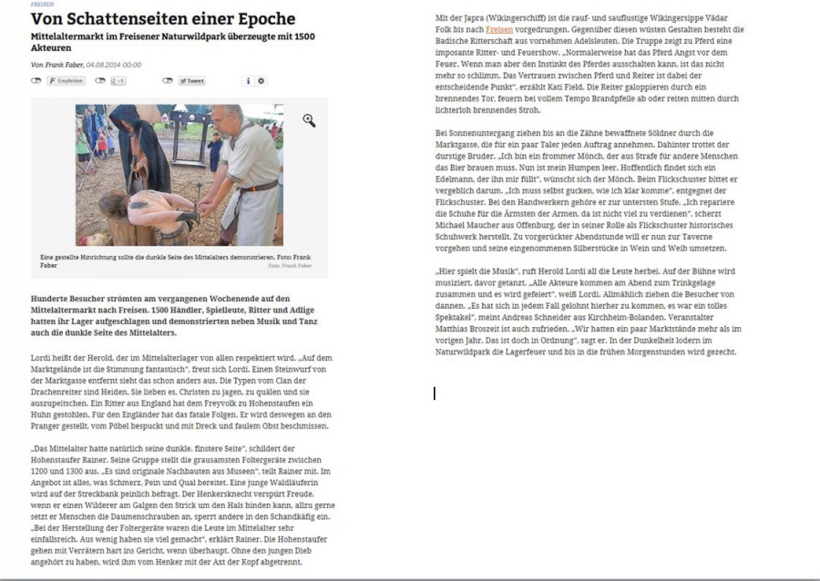 Saarbrücker Zeitung - Mittelaltermarkt in Freisen vom 02.08.2014